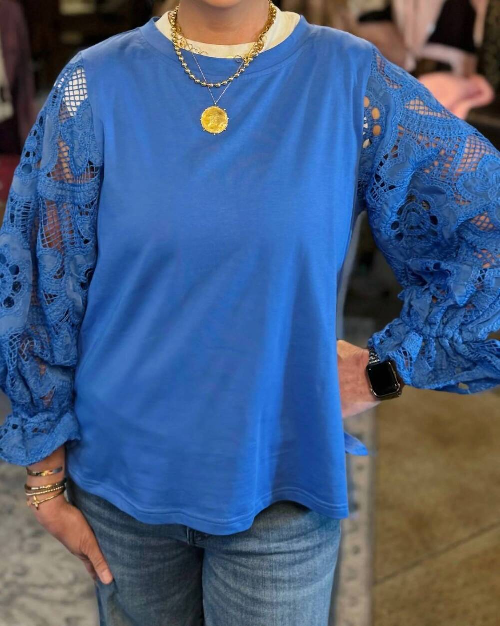 NEW JADE lace sleeve pullover in blue